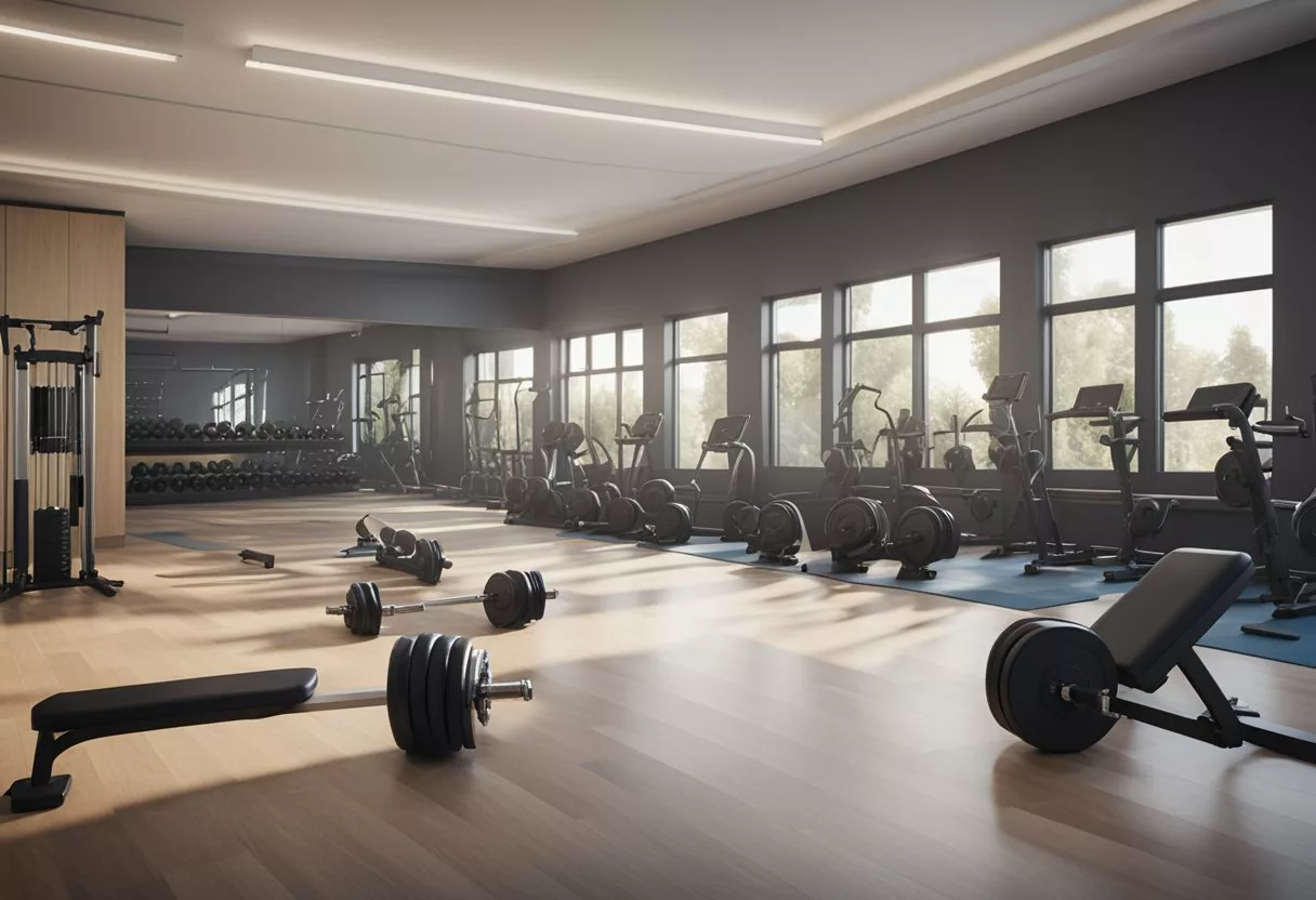 A gym with weight equipment arranged for push-pull exercises. Dumbbells, barbells, and machines are neatly organized in a spacious, well-lit room