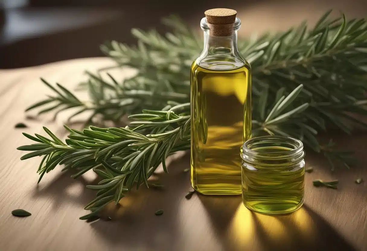 A bottle of rosemary oil sits on a wooden table, surrounded by fresh rosemary leaves and a few strands of hair
