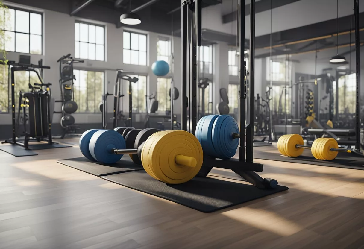 A gym with weights and resistance bands arranged for a push-pull workout. Mats and foam rollers for stretching and recovery