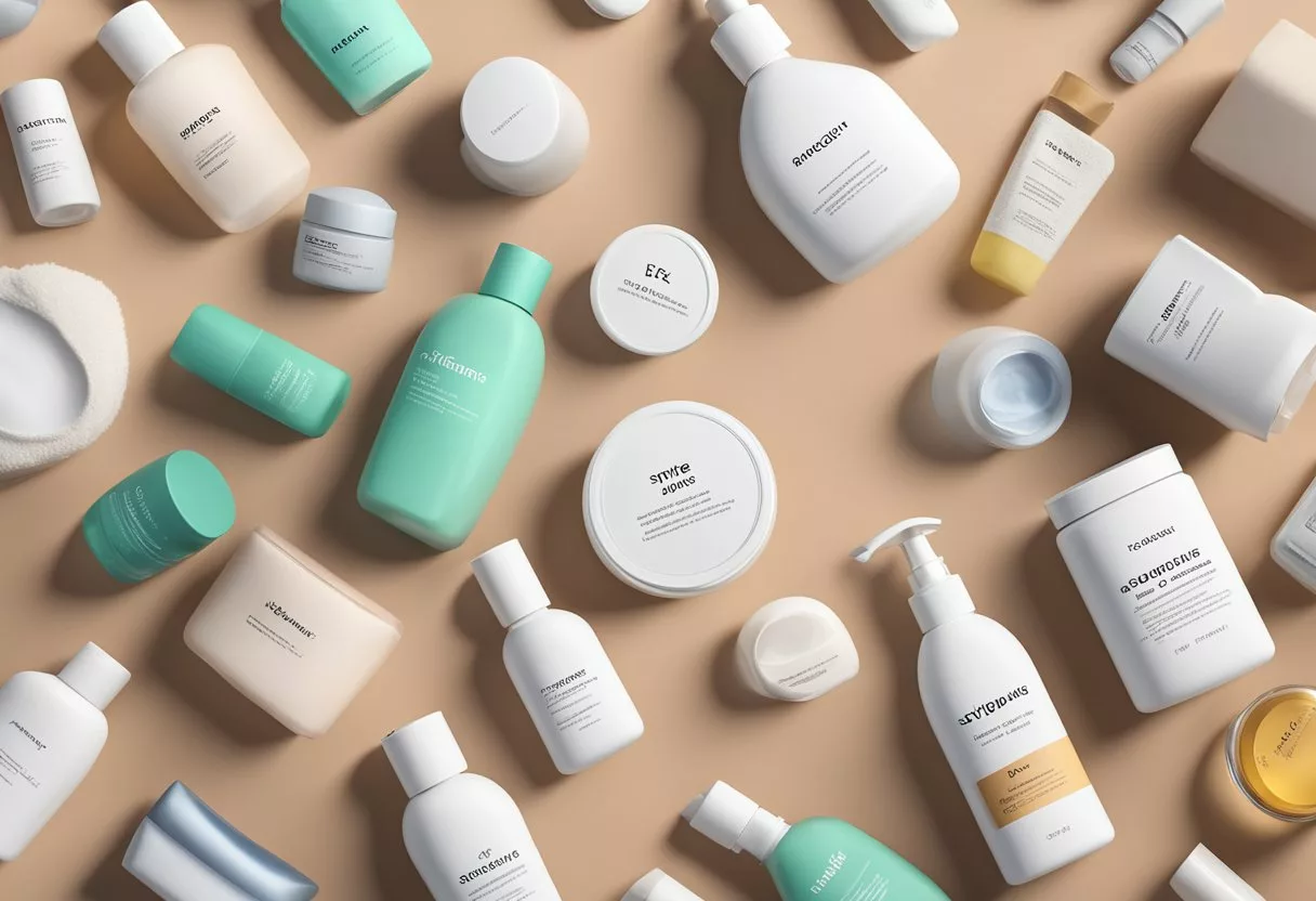 A pile of skincare products surrounded by exaggerated myths and misconceptions about acne