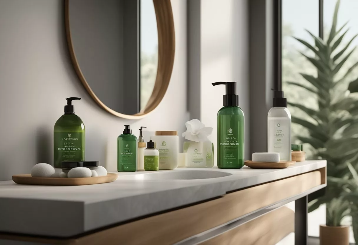 A bathroom counter with natural remedies, such as tea tree oil and aloe vera, next to skincare products