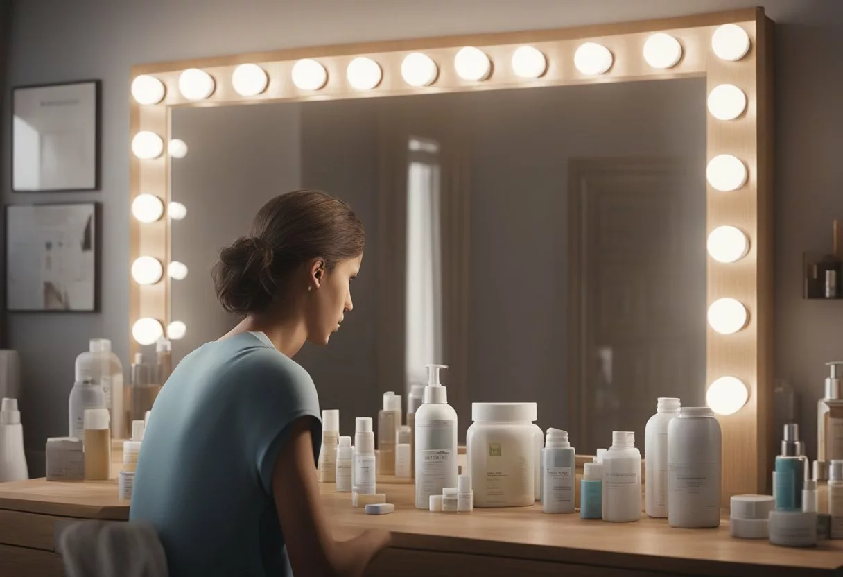 A person staring into a mirror, with a distressed expression, surrounded by various skincare products and medications