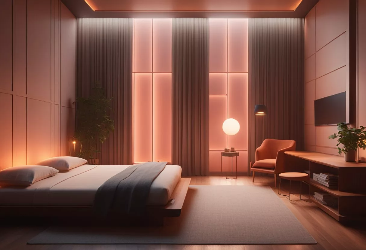 A serene room with red light flooding from a panel, casting a warm glow on the surroundings