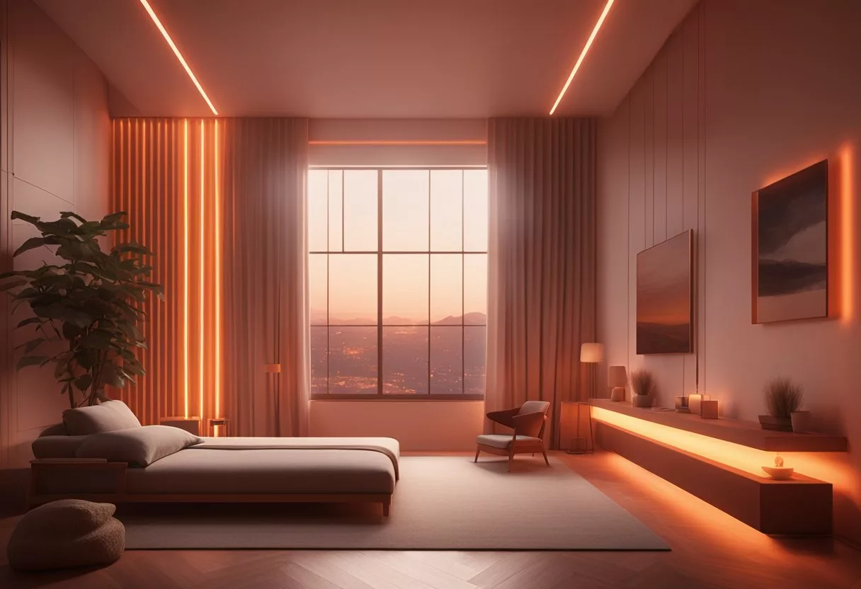 A room with a red light therapy device emitting a warm, soothing glow, casting a calming ambiance over the space