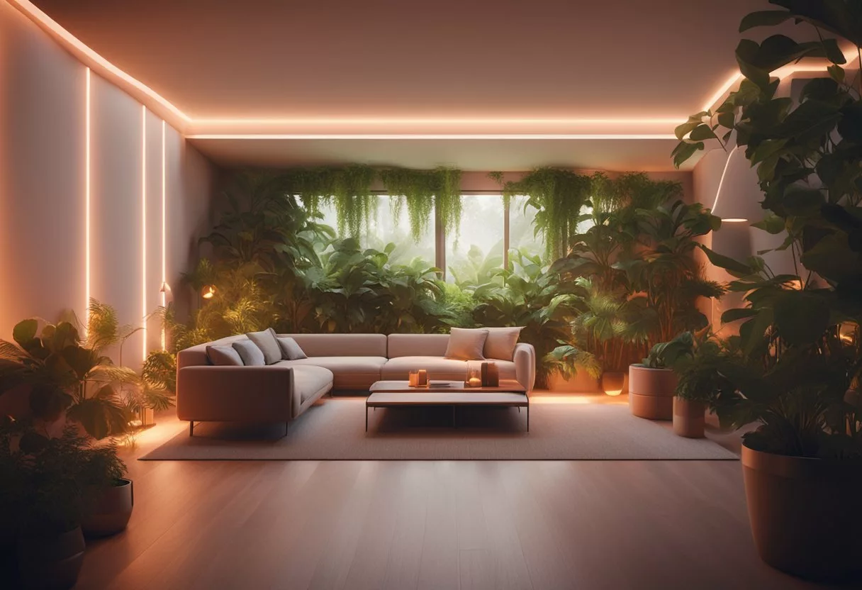 A room with a red light therapy device emitting a soft, warm glow, surrounded by plants and natural elements