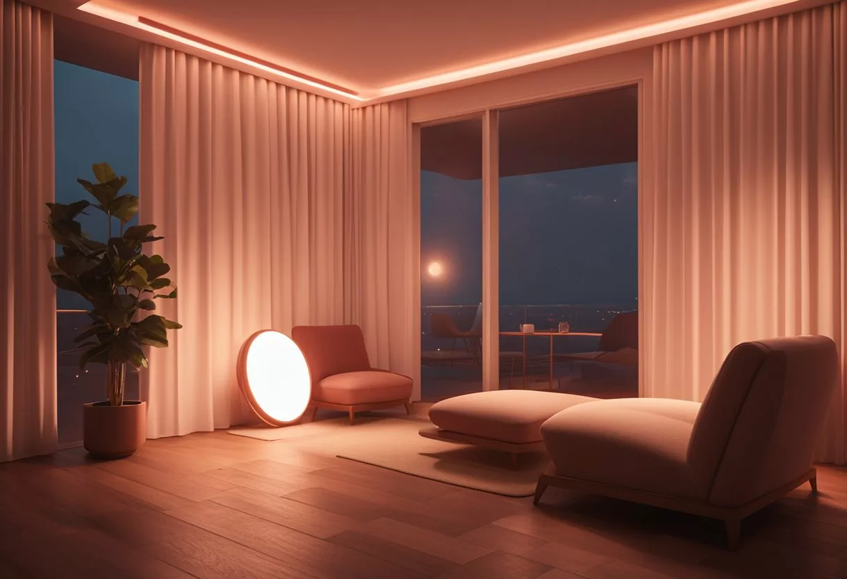 A room with a red light therapy device, a comfortable chair, and a timer. A calm and peaceful atmosphere with soft music playing in the background