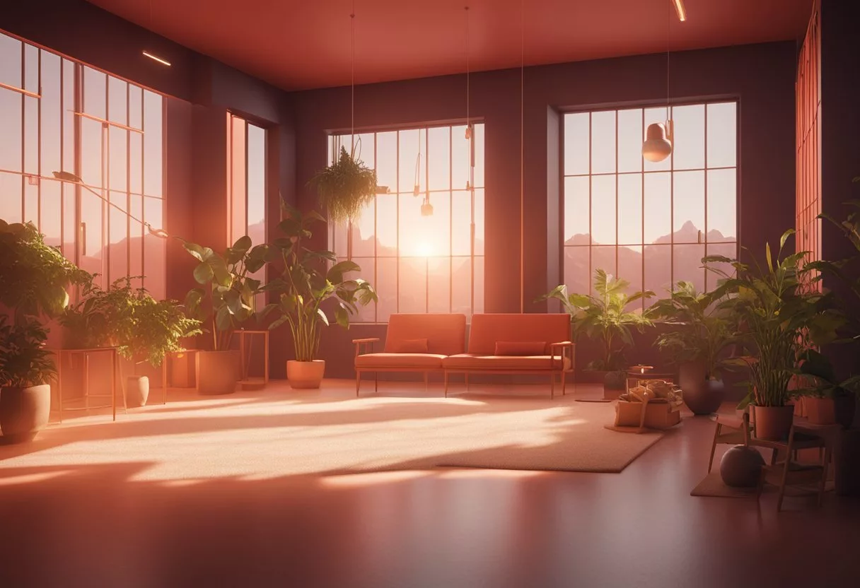 A room with red light panels illuminating the space, casting a warm and soothing glow. Plants and various objects are positioned strategically to receive the therapeutic light