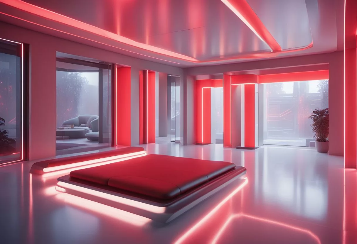 A futuristic room with red light panels, showcasing the advancements of red light therapy