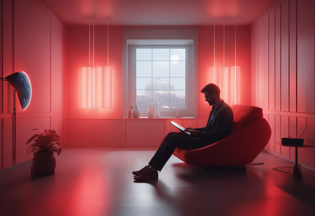 A room with red light panels, a comfortable chair, and a person reading a list of frequently asked questions about red light therapy
