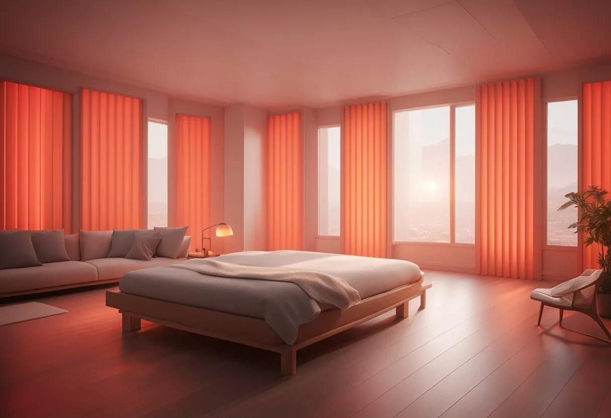 A serene room with red light panels emitting a warm glow, creating a relaxing and healing atmosphere for red light therapy