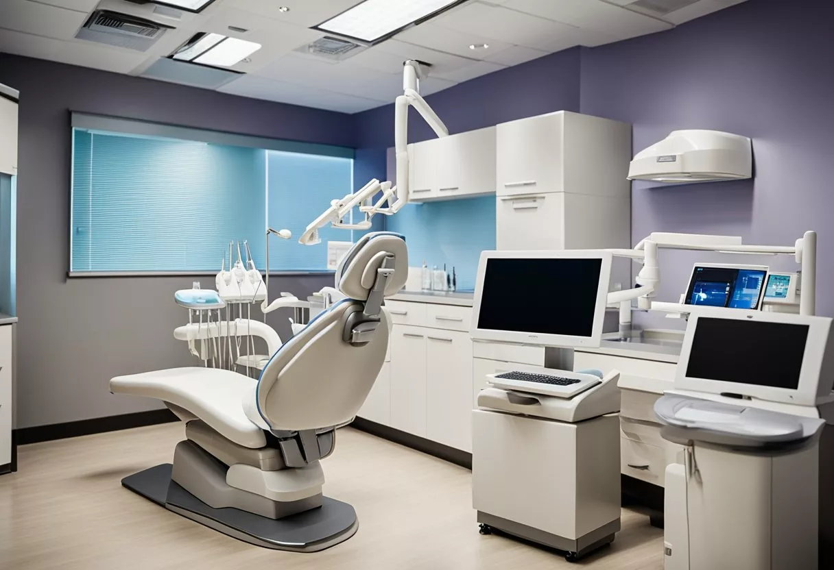 A dental office with modern equipment and ProDentim products displayed. Bright lighting and clean, organized space
