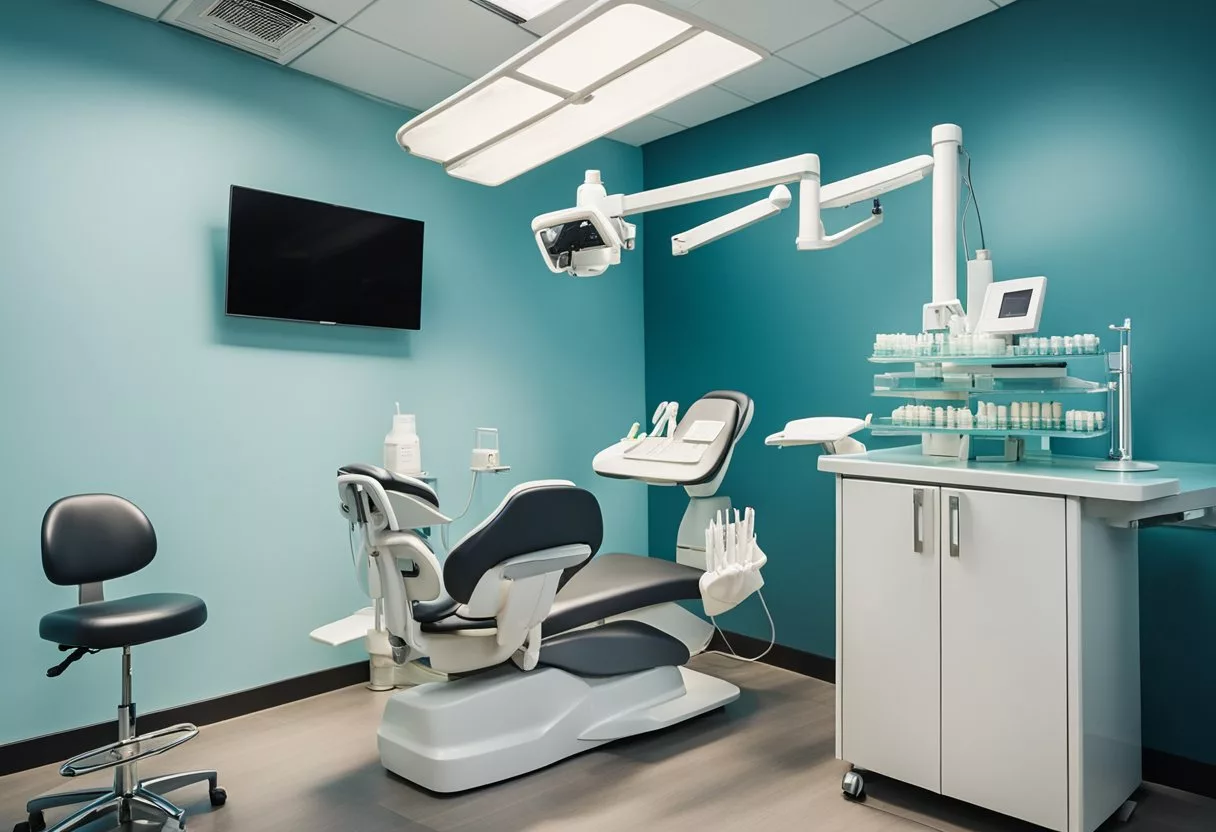 A dental office with modern equipment and a clean, organized workspace. Signs displaying safety and quality standards are prominently displayed