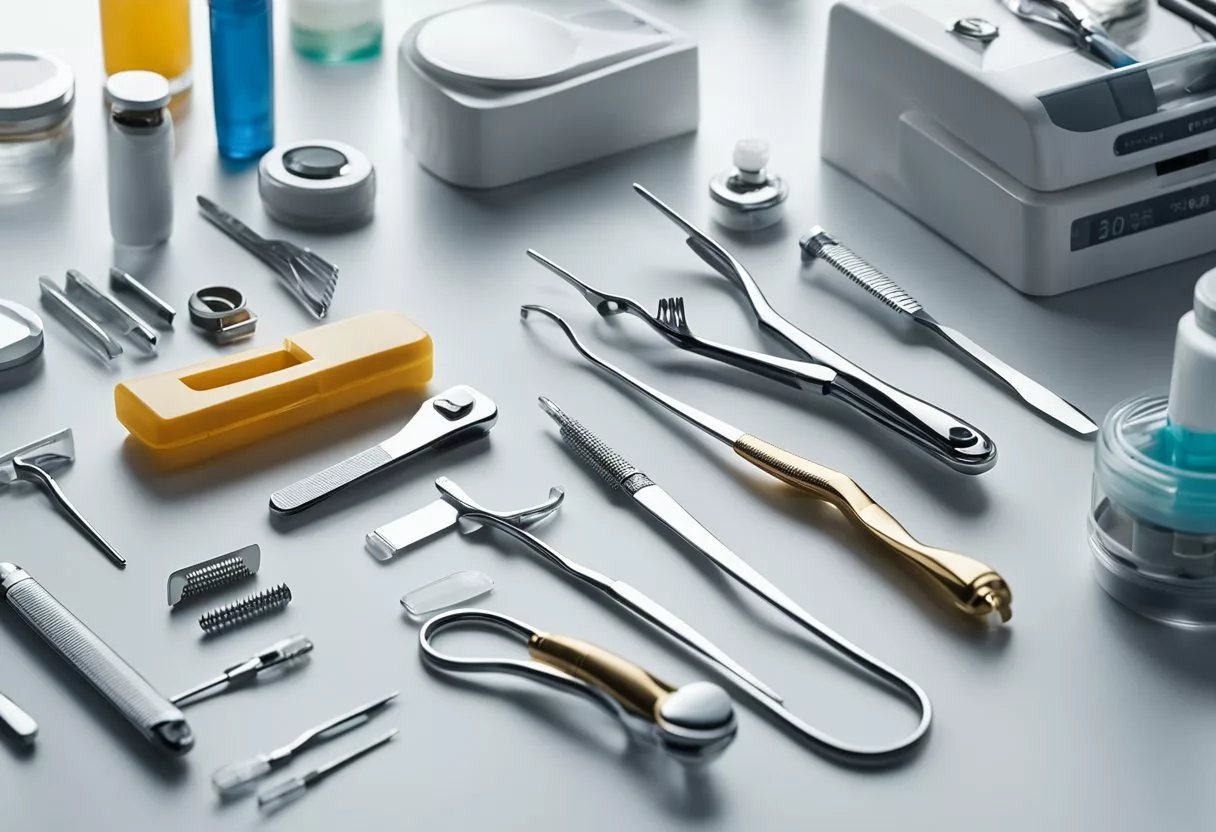 Various dental tools and equipment arranged neatly on a clean, white surface. Labels and logos of ProDentim products visible