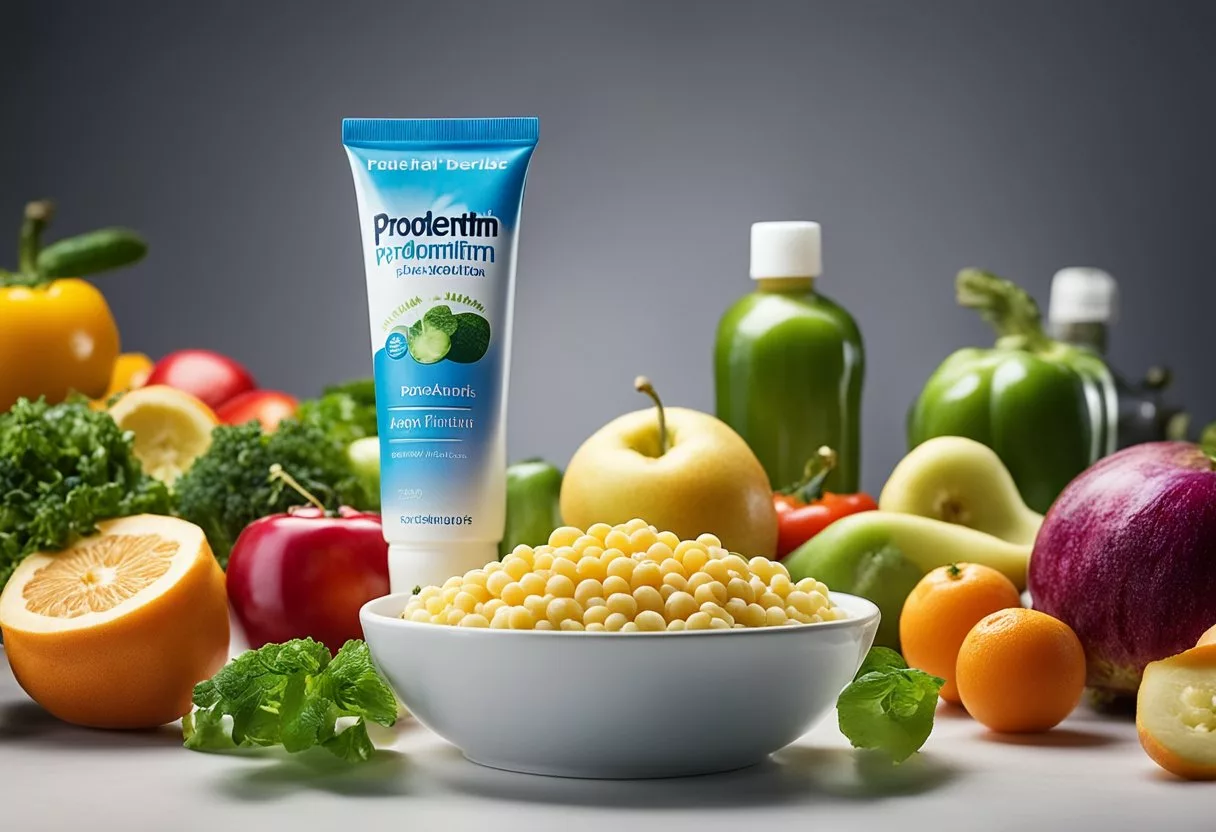 A colorful array of fruits and vegetables surrounding a tube of ProDentim toothpaste, with a glowing halo effect to represent its additional health benefits