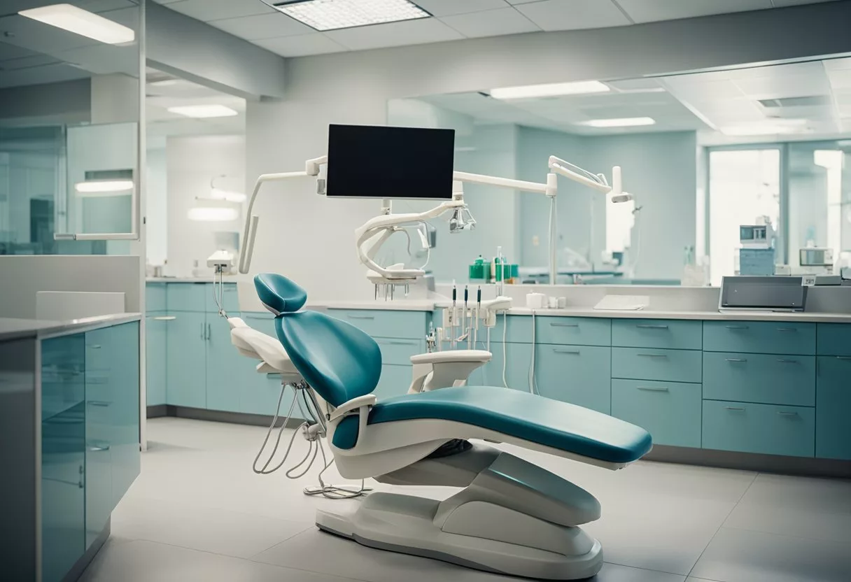 A patient smiles after a successful dental procedure, surrounded by a modern and clean dental office with a friendly and professional atmosphere