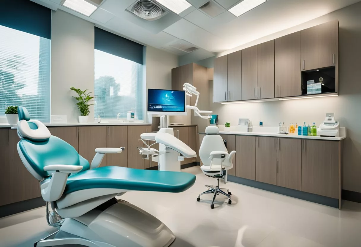 A bright, modern dental office with ProDentim products on display and a satisfied patient smiling in the chair