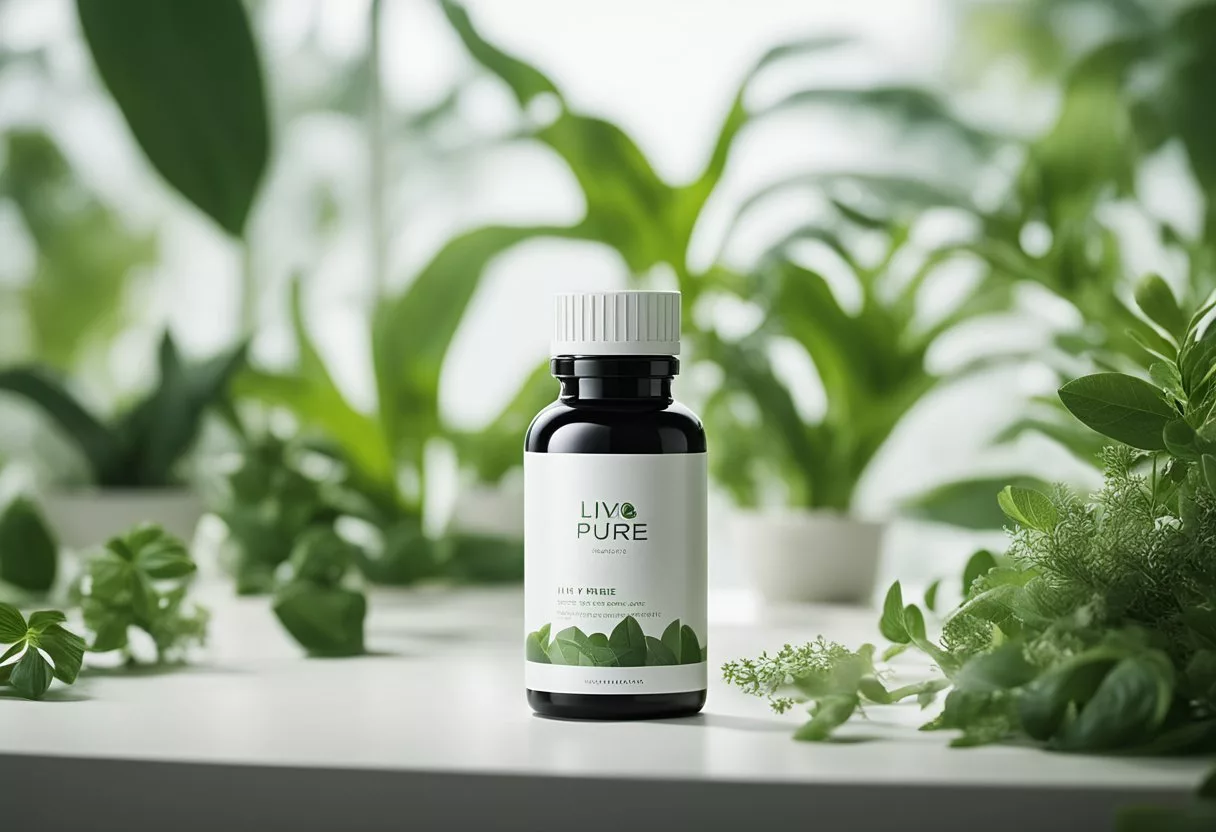 A bottle of Liv Pure supplement stands on a clean, white surface with a backdrop of natural elements like plants or herbs, evoking a sense of purity and effectiveness