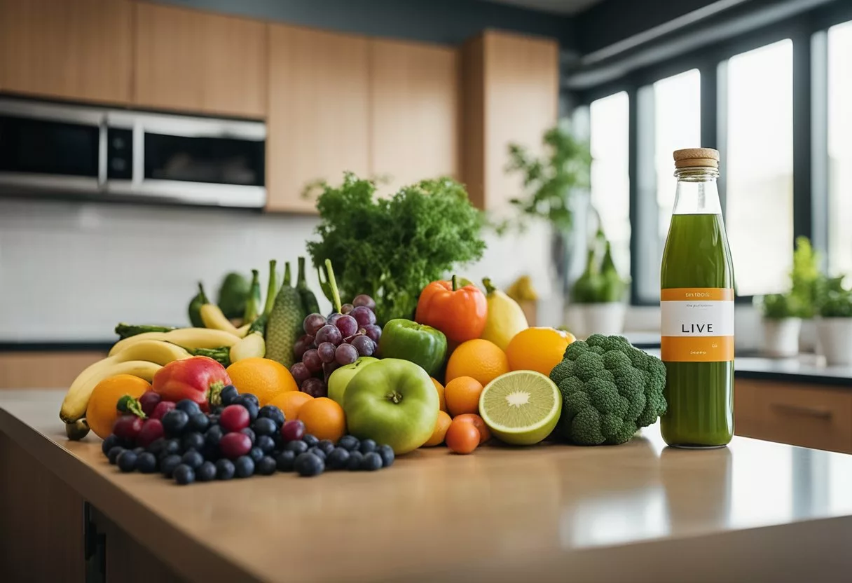 A colorful array of fresh fruits and vegetables arranged on a kitchen counter, with a bottle of Liv Pure supplement prominently displayed