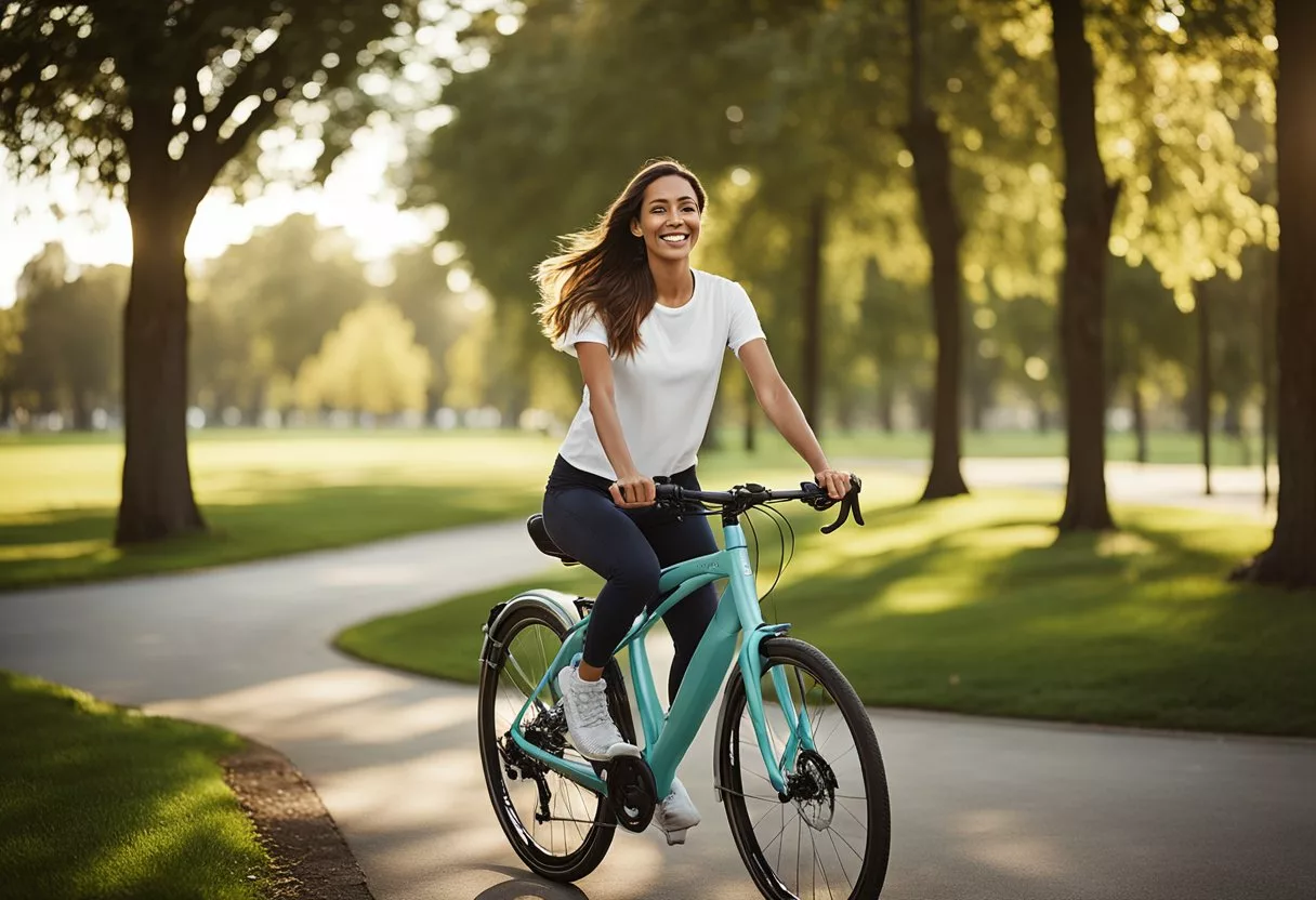 A woman rides a Liv Pure bike through a serene park, smiling as she effortlessly glides along the winding path. The bike's sleek design and comfortable ride are evident as she enjoys the outdoor experience