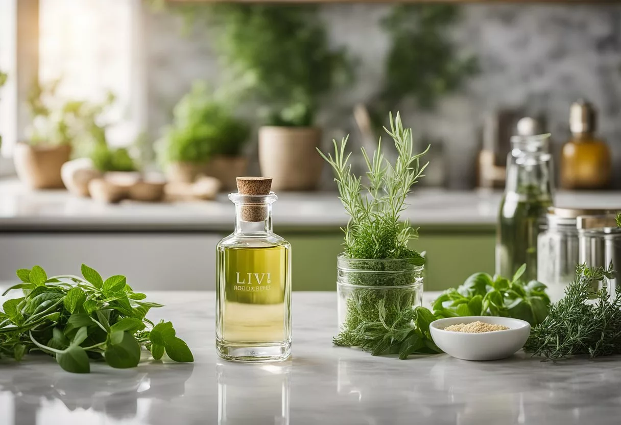 A clear glass bottle of Key Ingredients Liv Pure stands on a marble countertop, surrounded by fresh herbs and natural elements