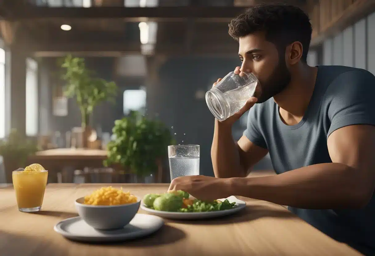 A person drinking water and eating fiber-rich foods
