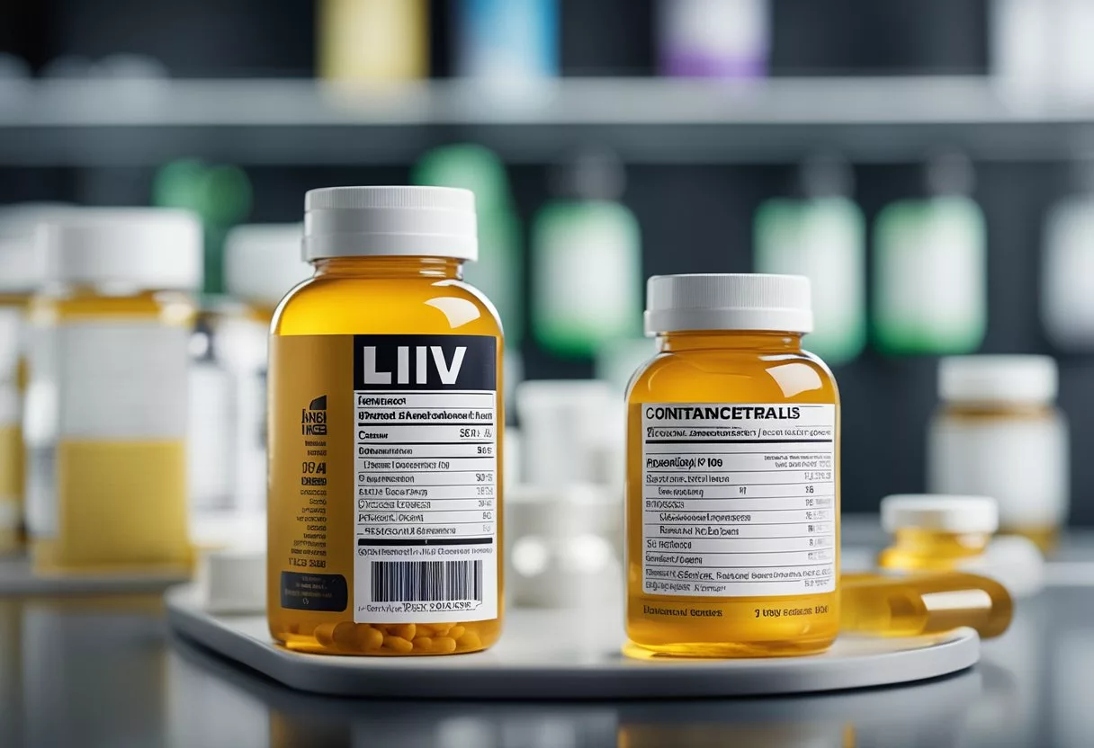 A bottle of Liv Pure supplement surrounded by warning labels and a list of contraindications and interactions