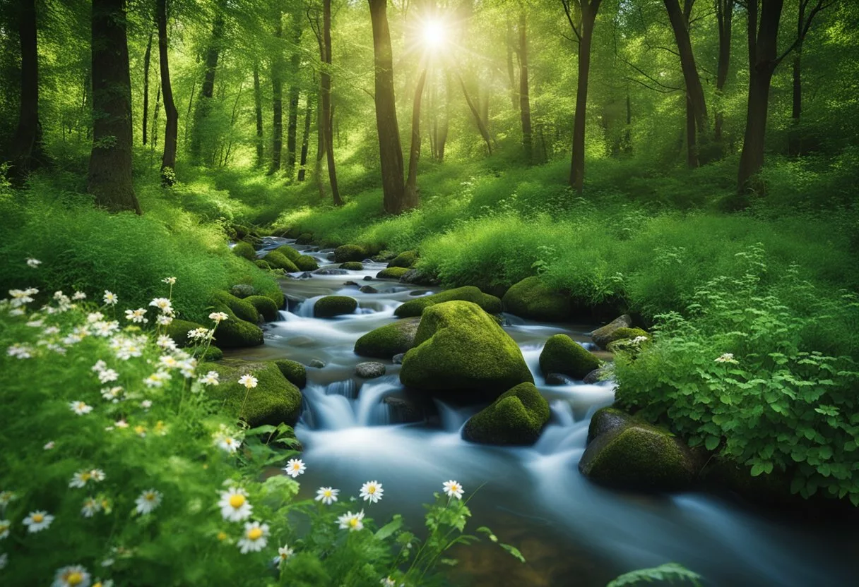 A serene forest clearing with a flowing stream, surrounded by lush greenery and vibrant wildflowers, with a clear blue sky overhead