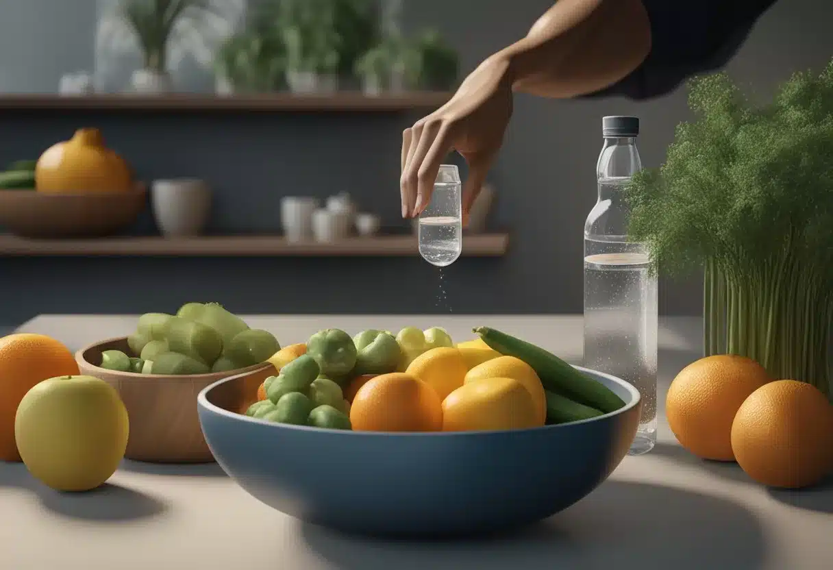 A person holding a glass of water next to a bowl of fiber-rich fruits and vegetables. A bottle of natural laxatives sits on the table