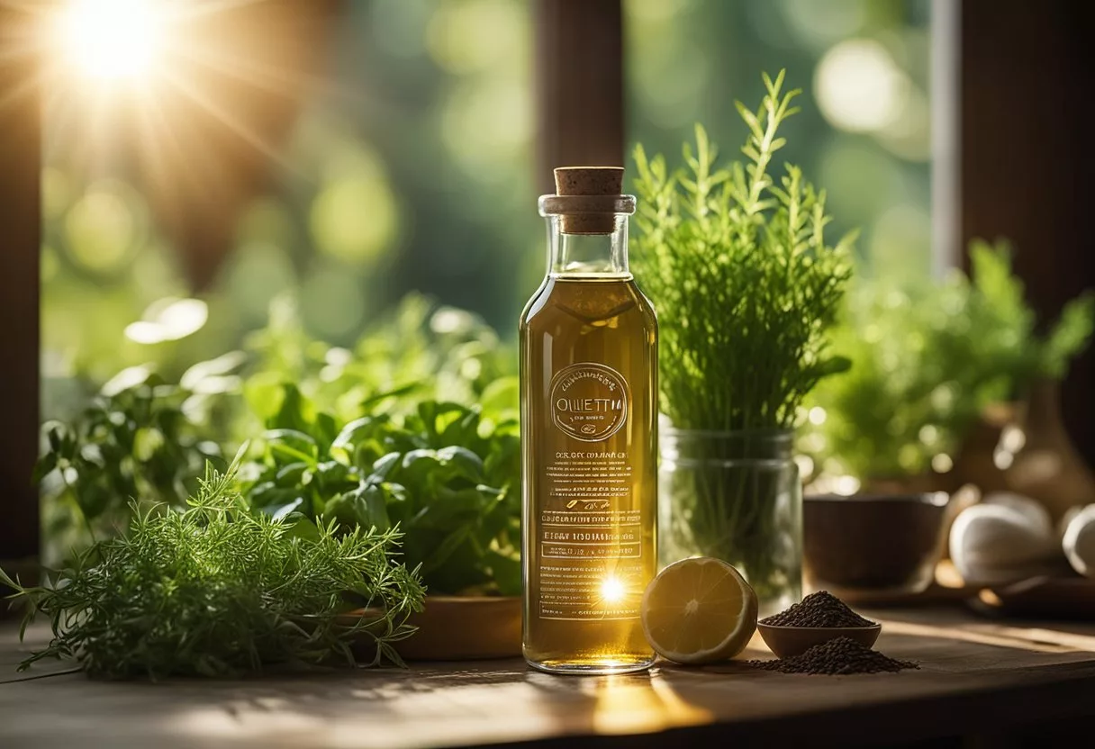 A bottle of Quietum Plus sits on a wooden table, surrounded by fresh herbs and ingredients. Sunlight streams in through a nearby window, casting a warm glow on the scene