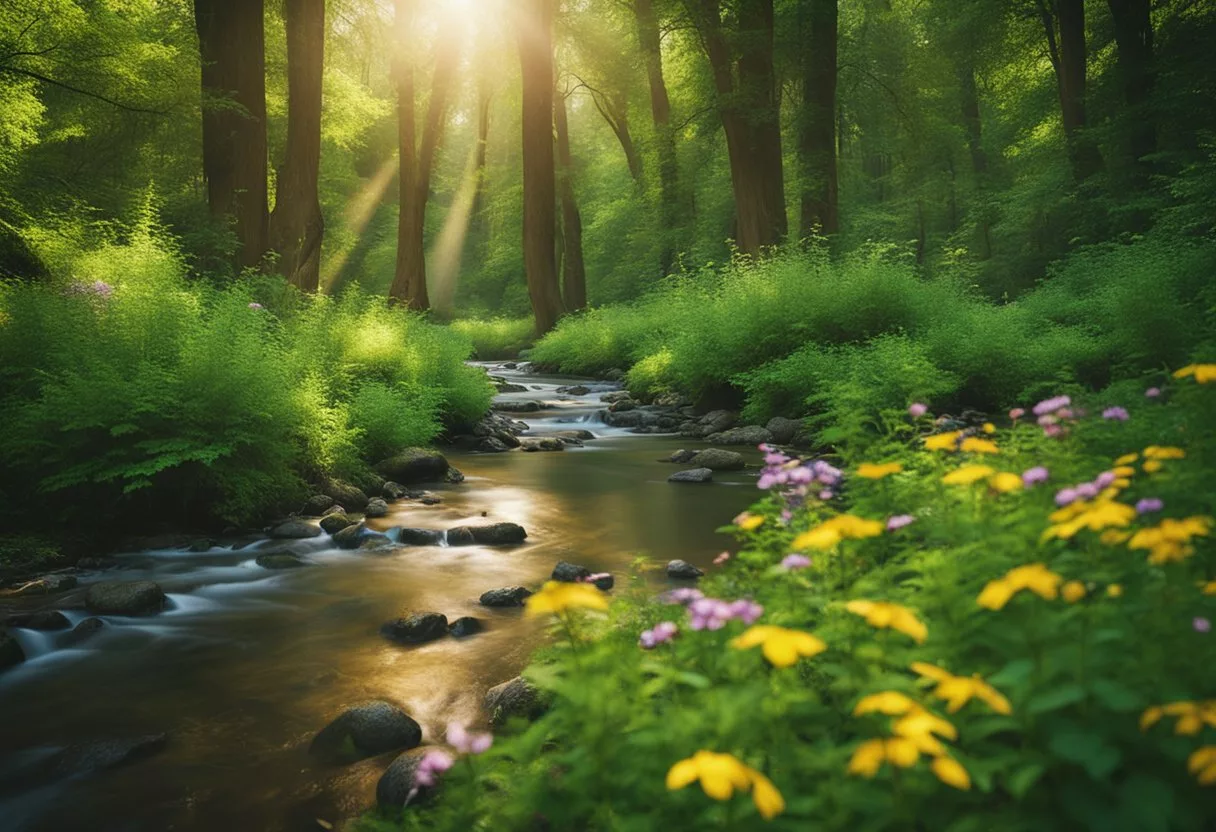 A serene forest with a babbling brook, surrounded by lush greenery and colorful wildflowers, with birds chirping and sunlight filtering through the canopy