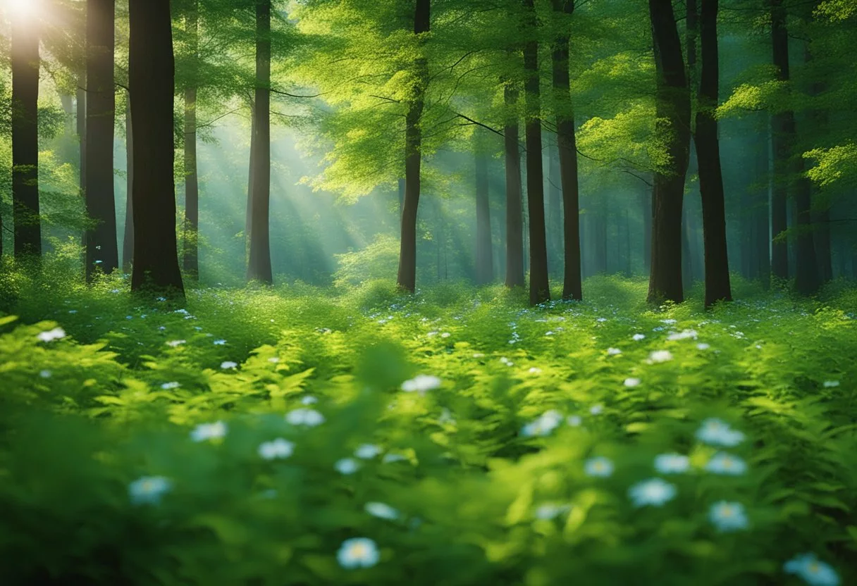 A serene forest with vibrant green leaves and colorful wildflowers, portraying a sense of tranquility and peace