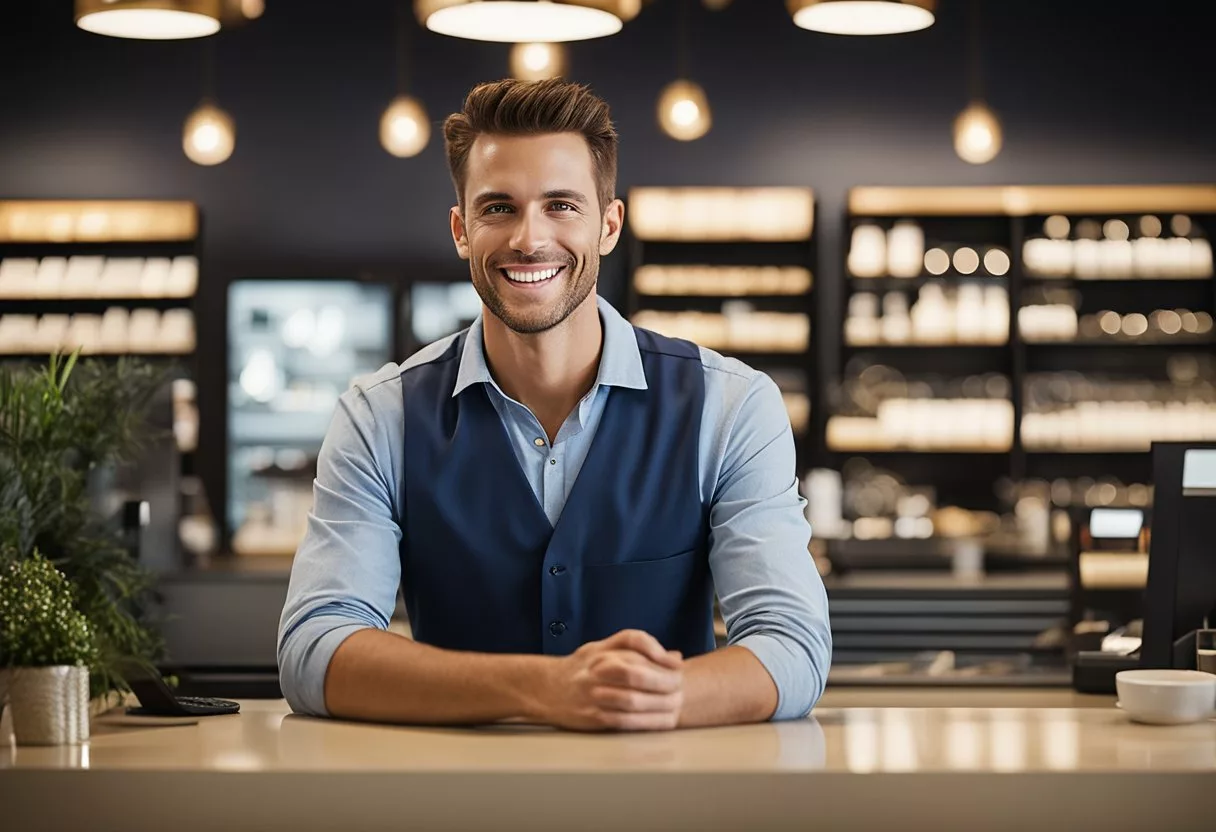 A customer smiles while receiving exceptional service at a modern, welcoming store. The staff assist with care and expertise, creating a positive, memorable experience