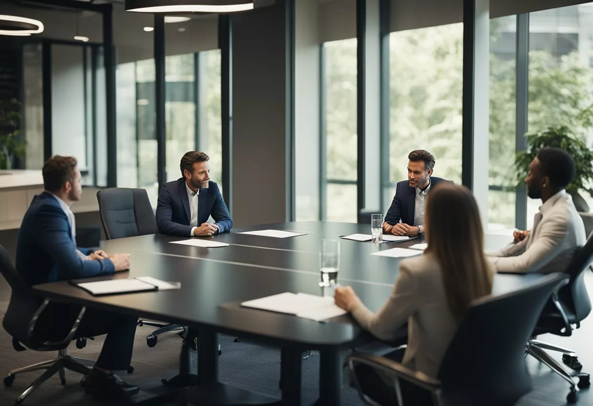 A group of people discussing and analyzing a report titled "Key Takeaways and Conclusion Joint Genesis Review" in a conference room