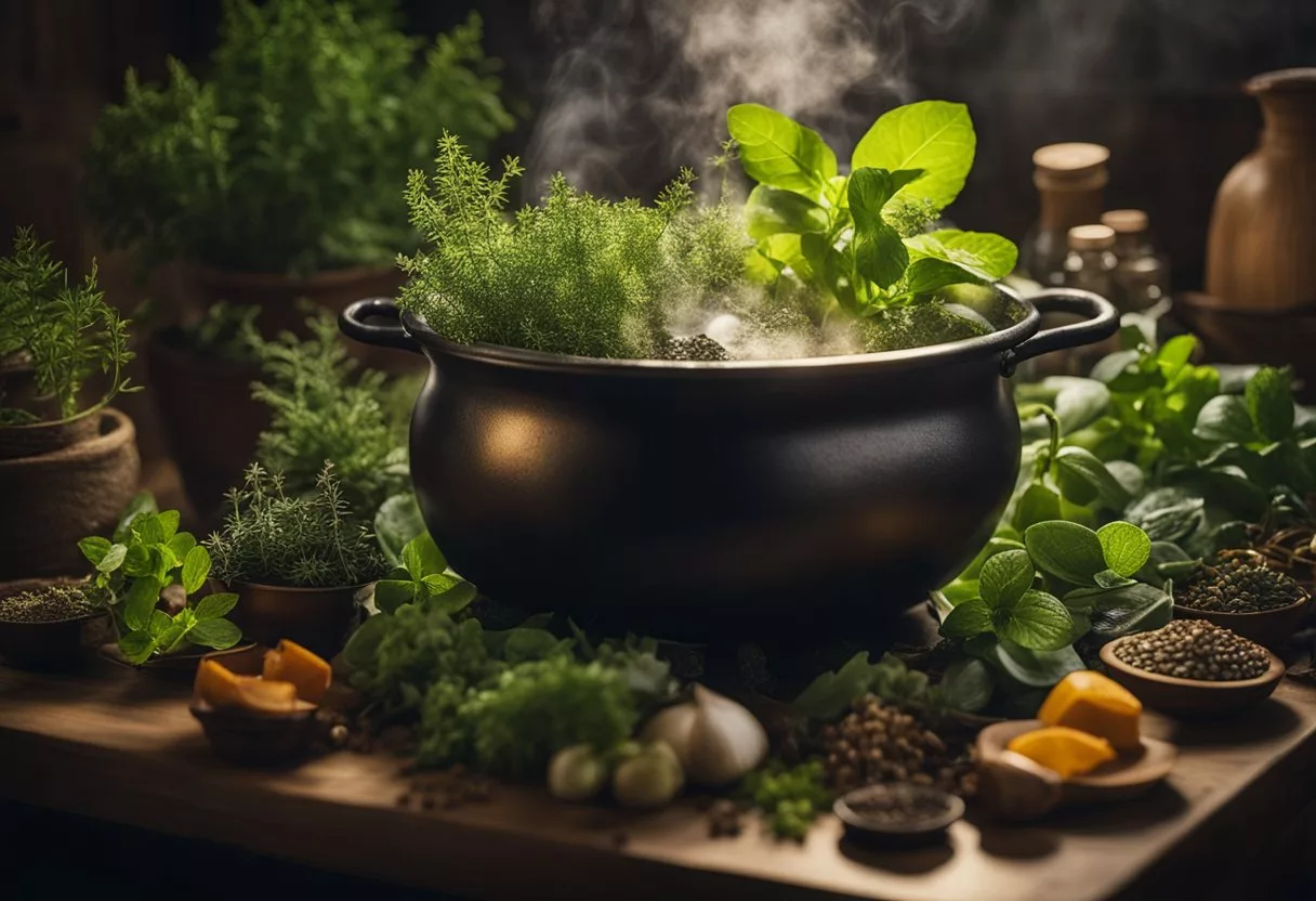 A bubbling cauldron surrounded by various herbs and botanicals, with a beam of light shining down on it, representing the key ingredients and their effects in Joint Genesis