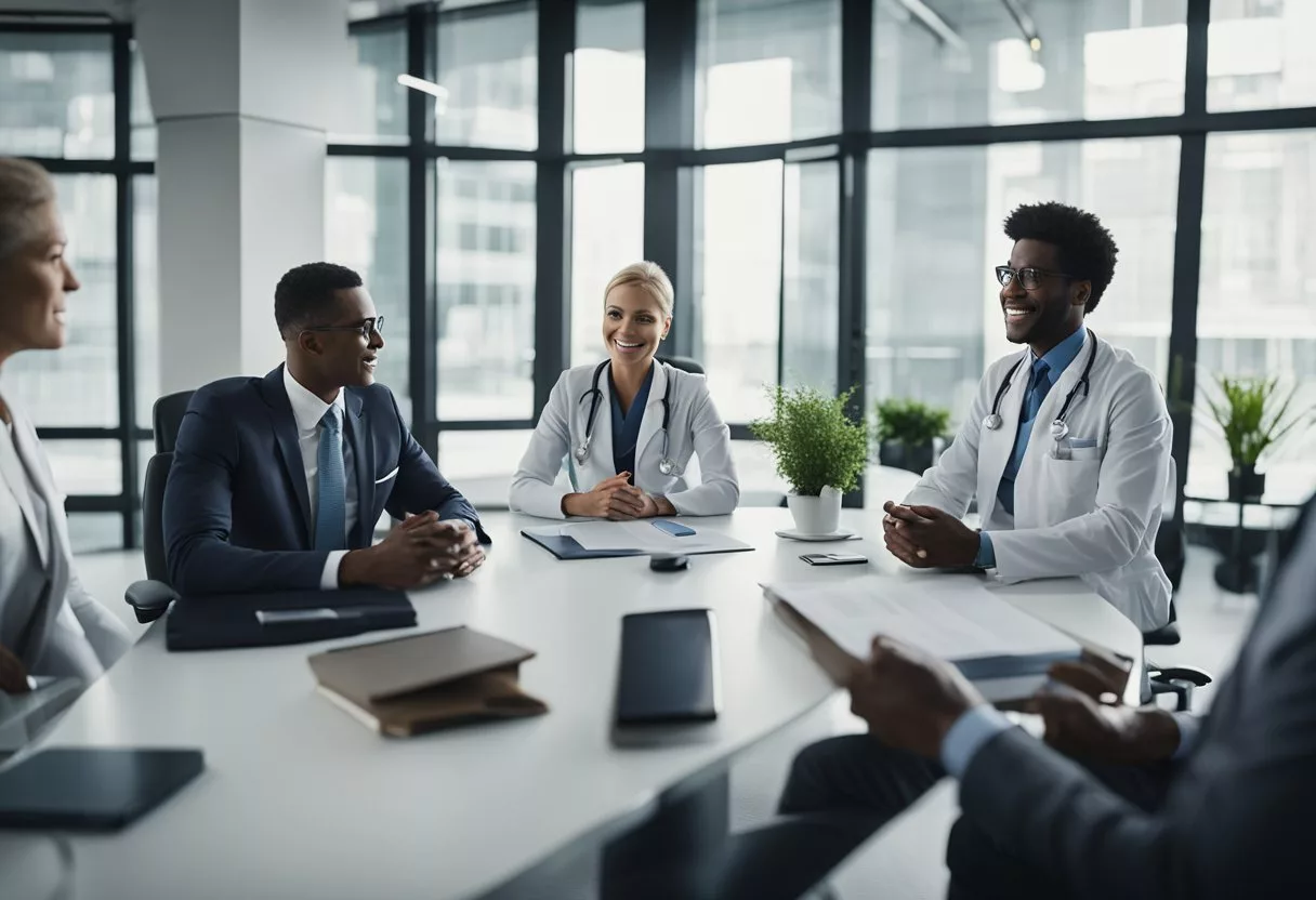 A group of healthcare professionals discussing joint health considerations in a modern office setting