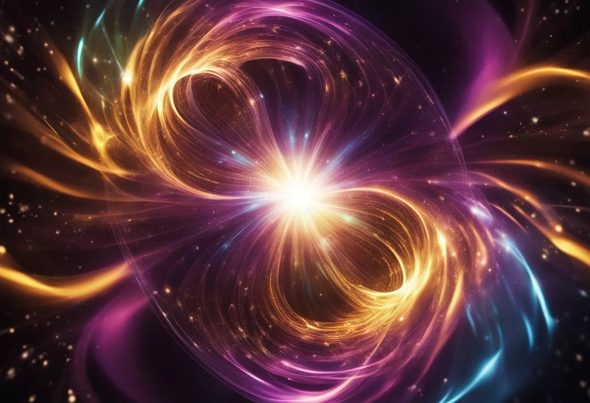 A swirling vortex of energy emanates from a glowing core, radiating outwards with vibrant colors and dynamic patterns