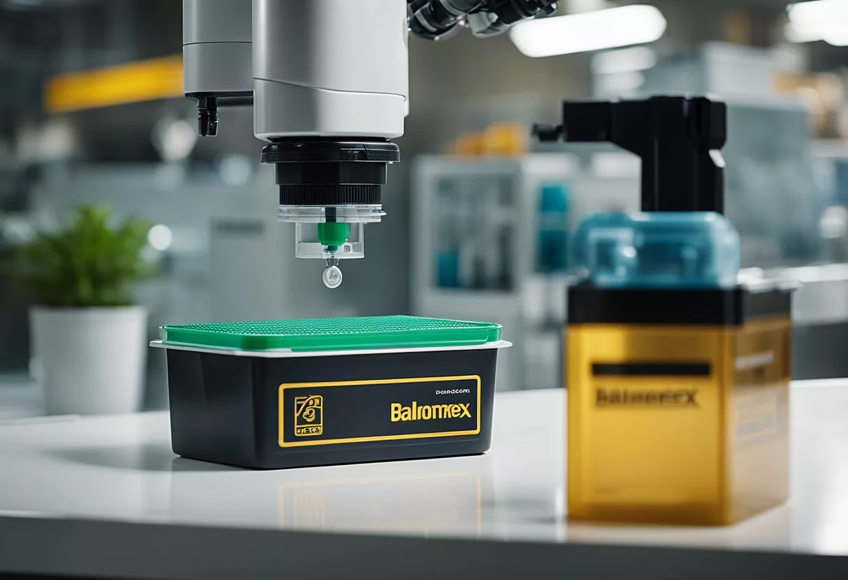 A machine dispenses Balmorex Pro product into a container. The container is labeled "Balmorex Review."