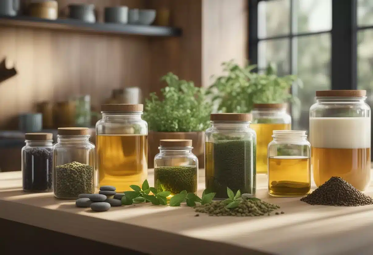 A variety of natural and over-the-counter remedies arranged on a countertop, including herbal teas, fiber supplements, and laxatives