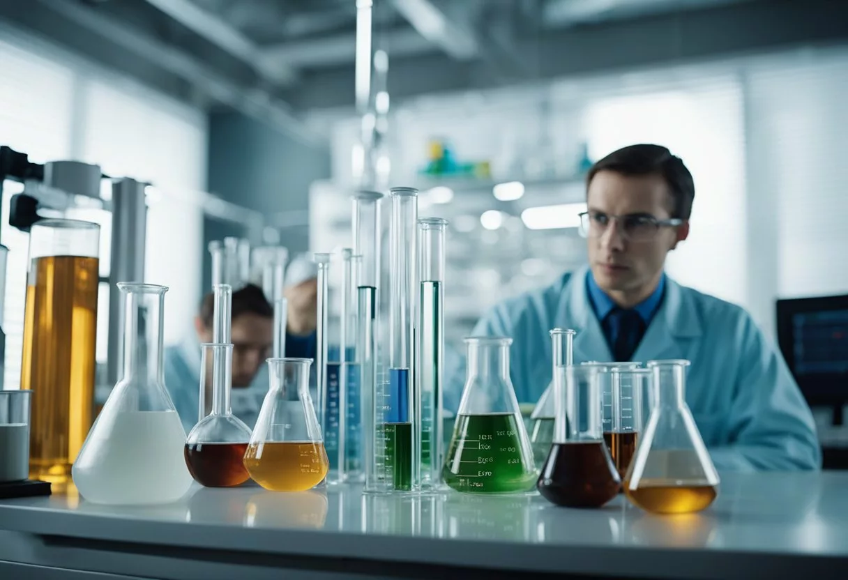 A laboratory setting with beakers, test tubes, and scientific equipment. Charts and graphs displaying data. Researchers discussing findings