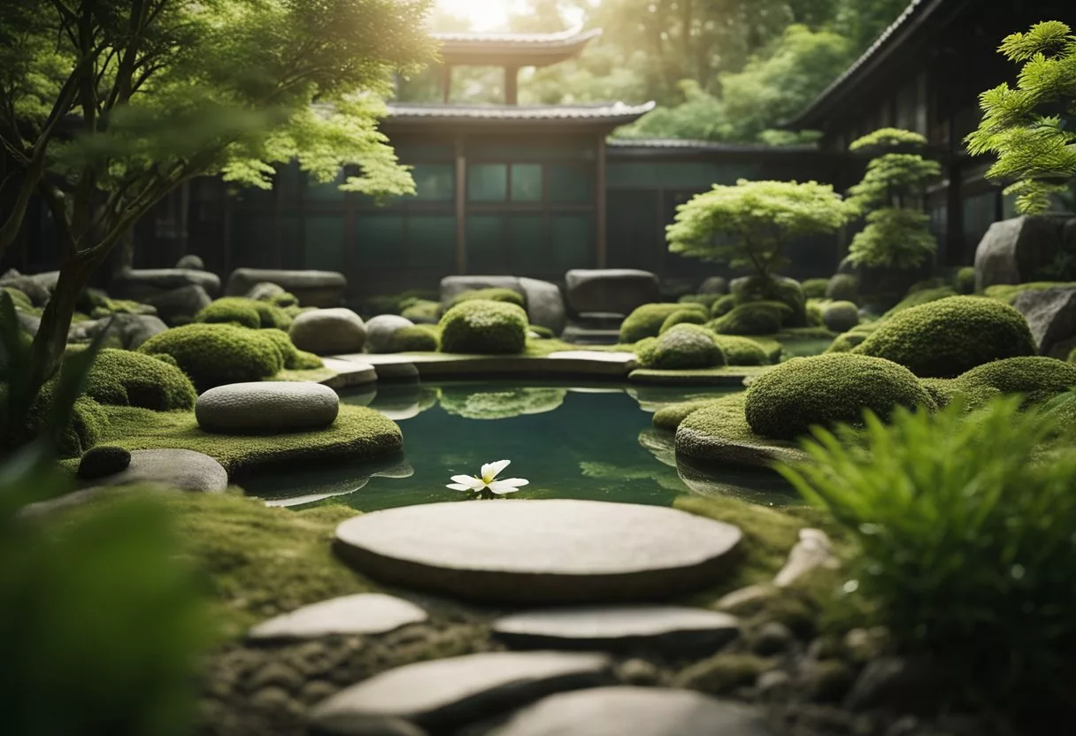 A serene Zen garden with a tranquil pond, lush greenery, and a meditative atmosphere. Peaceful surroundings with minimalistic design and a sense of calmness