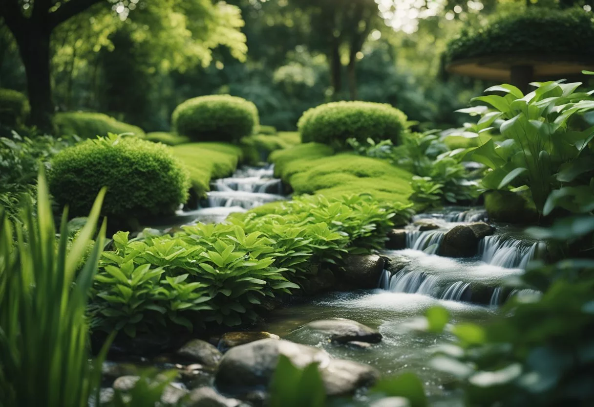 A serene garden with a flowing stream, lush greenery, and a peaceful atmosphere, evoking a sense of calm and relaxation