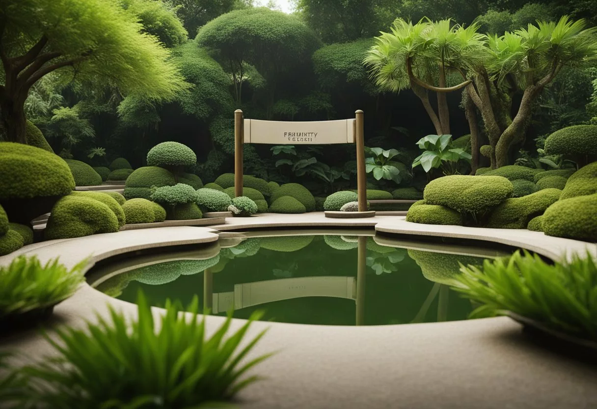 A serene Zen garden with a sign reading "Frequently Asked Questions ZenCortex Review" surrounded by lush greenery and peaceful water features