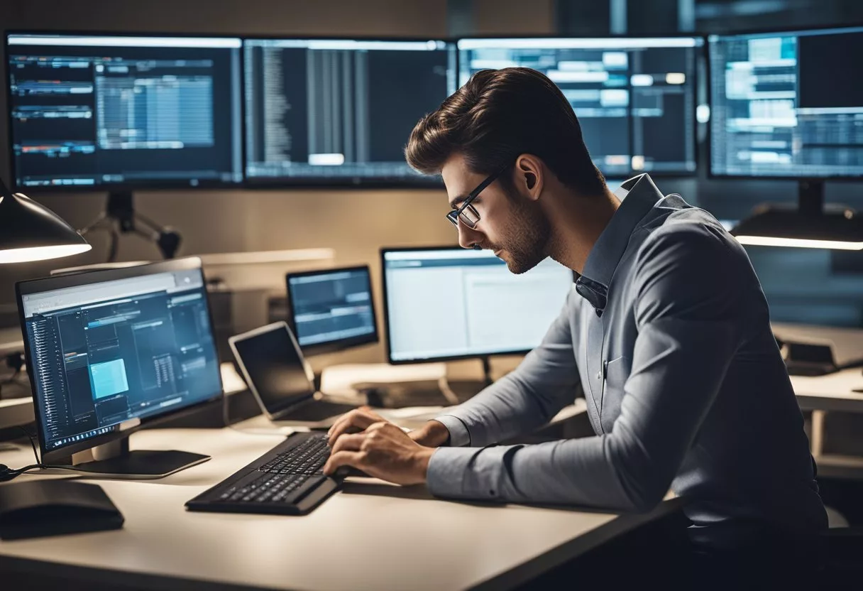 A person sitting at a desk, surrounded by computer screens and notebooks, deep in thought while working on a review for ZenCortex