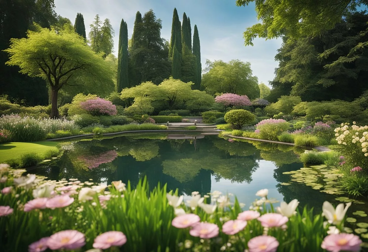 A serene landscape with a peaceful garden and a tranquil pond, surrounded by lush greenery and blooming flowers