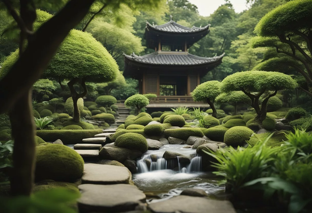 A serene Zen garden with a flowing stream, surrounded by lush greenery and peaceful, harmonious elements