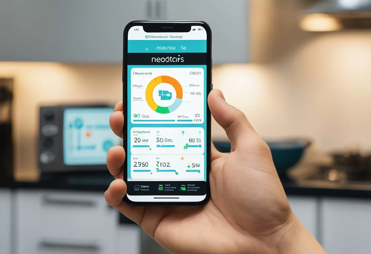 A hand holding a Neotonics device, with a smartphone displaying the Neotonics app in the background. The device is being used to control smart home devices and monitor energy usage