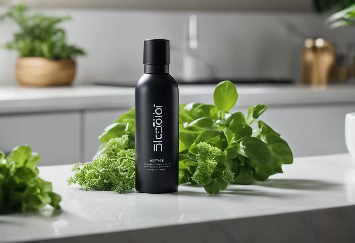 A bottle of Neotonics sits on a clean, white countertop. A leafy green plant nearby adds a natural touch to the scene