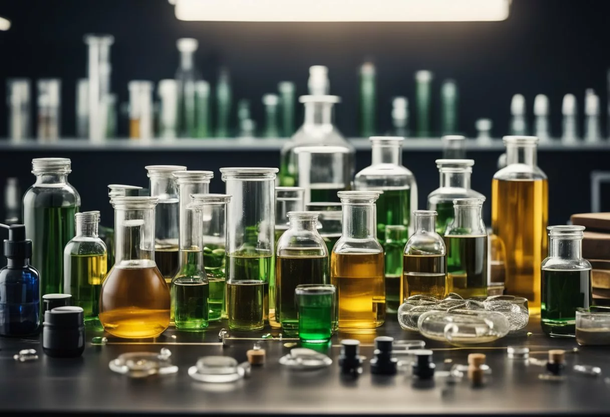 A laboratory table with various scientific equipment and bottles of Neotonics ingredients arranged neatly for review