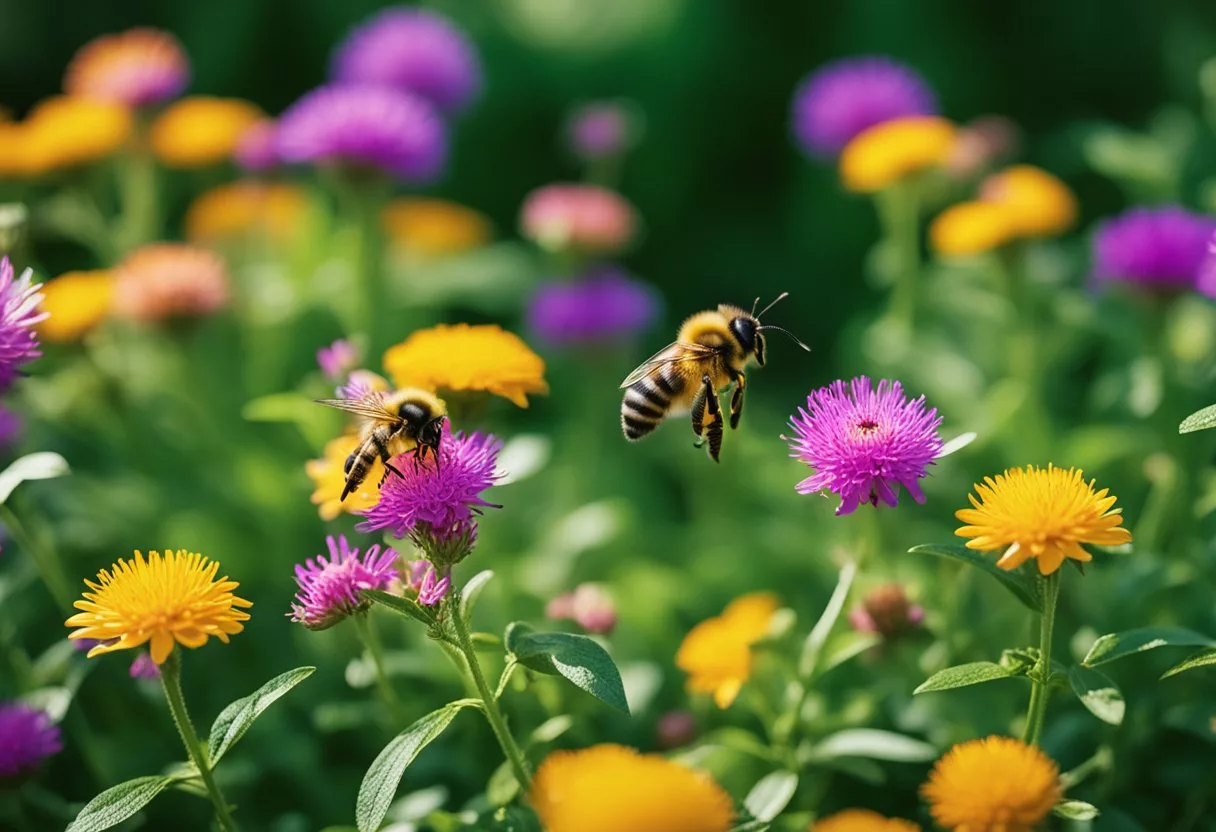 A lush garden with vibrant, blooming flowers and a variety of buzzing pollinators, showcasing the benefits of Neotonics products