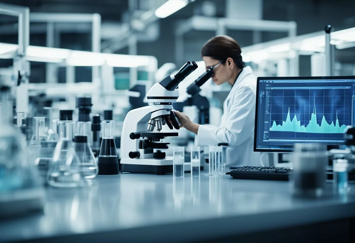 A scientist peers through a microscope at intricate cellular structures, surrounded by beakers and lab equipment. A computer screen displays data graphs and charts